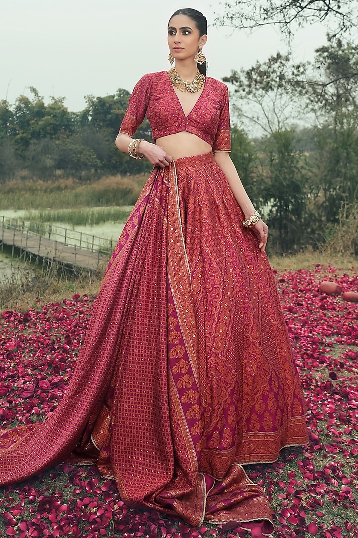 Magenta Vegan Silk Chikankari Woven Wedding Lehenga Set by Safaa at Pernia's Pop Up Shop