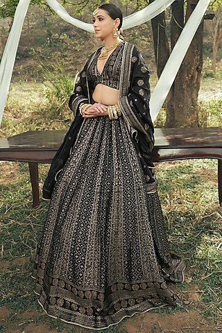 Black Vegan Silk Chikankari Lehenga Set by Safaa