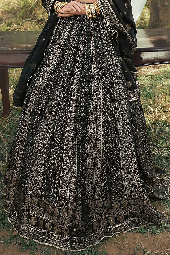 Black Vegan Silk Chikankari Wedding Lehenga Set by Safaa at Pernia's Pop Up Shop