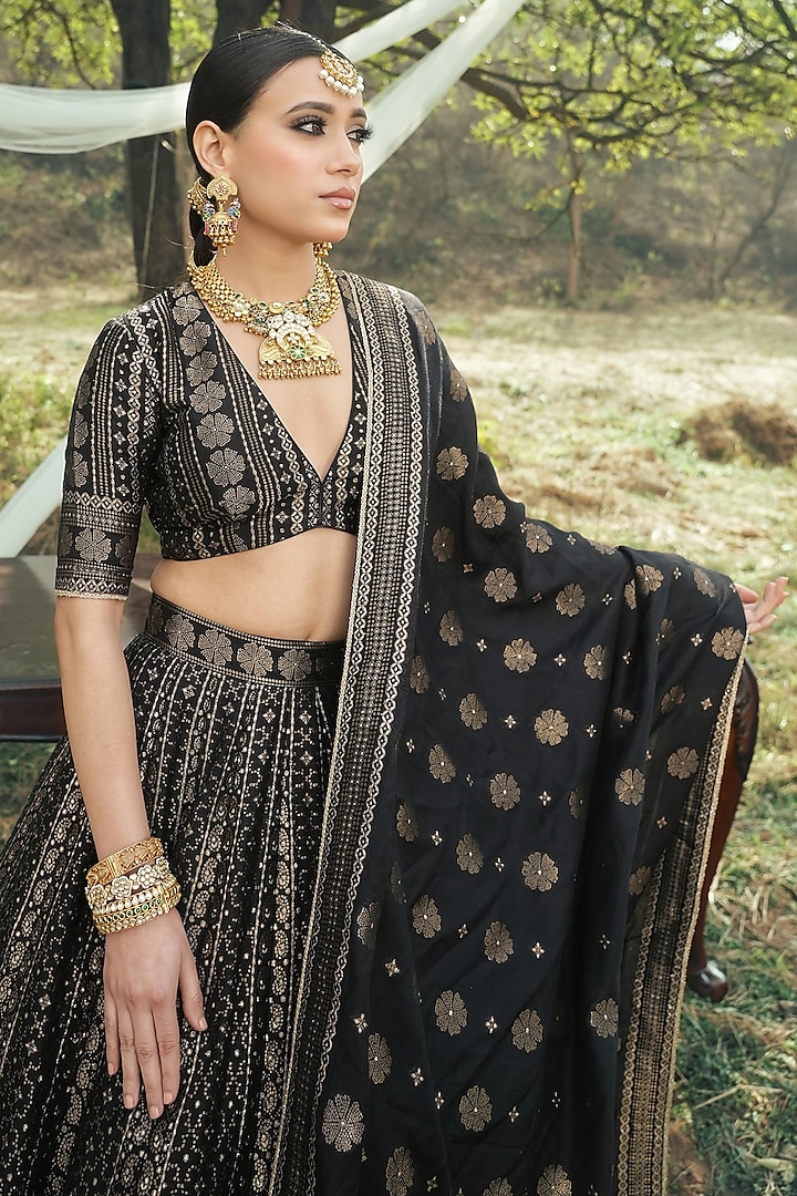 Black Vegan Silk Chikankari Wedding Lehenga Set by Safaa at Pernia's Pop Up Shop