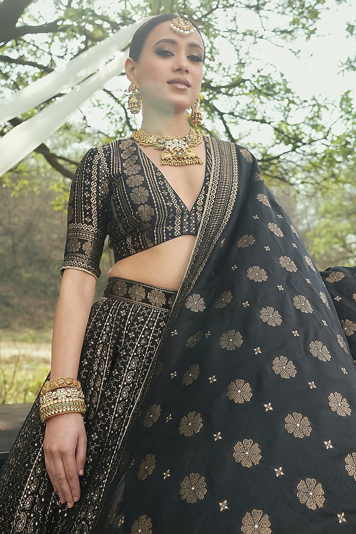 Black Vegan Silk Chikankari Wedding Lehenga Set by Safaa at Pernia's Pop Up Shop