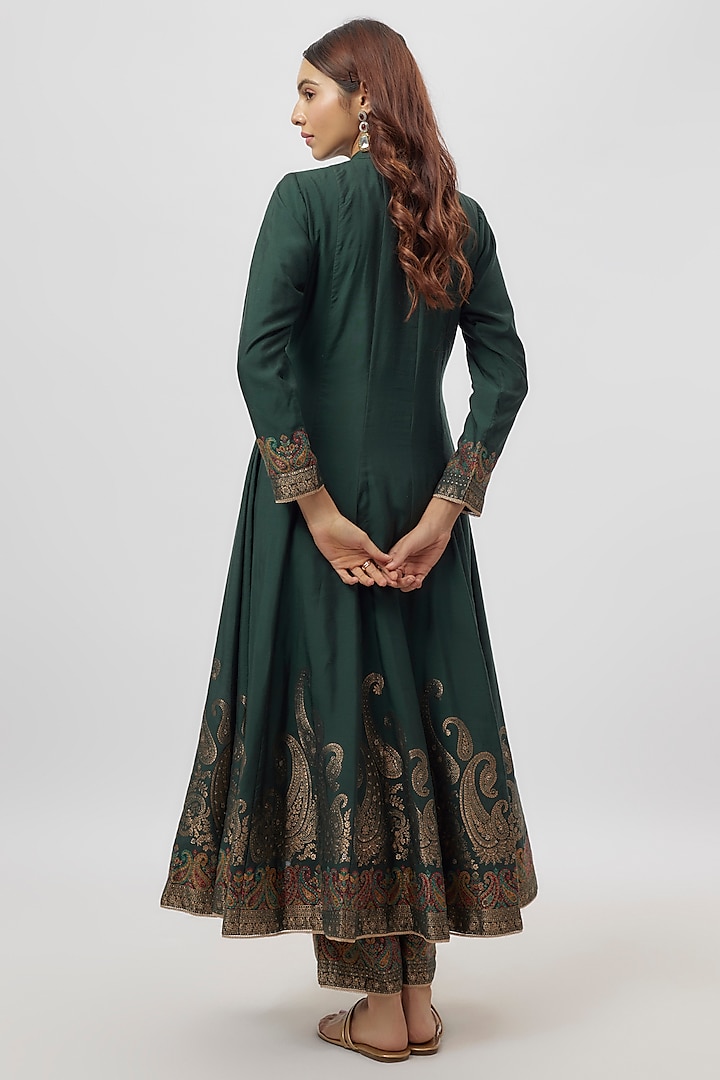 Green Vegan Silk Zari Work Wedding Anarkali Set by Safaa at Pernia's Pop Up Shop