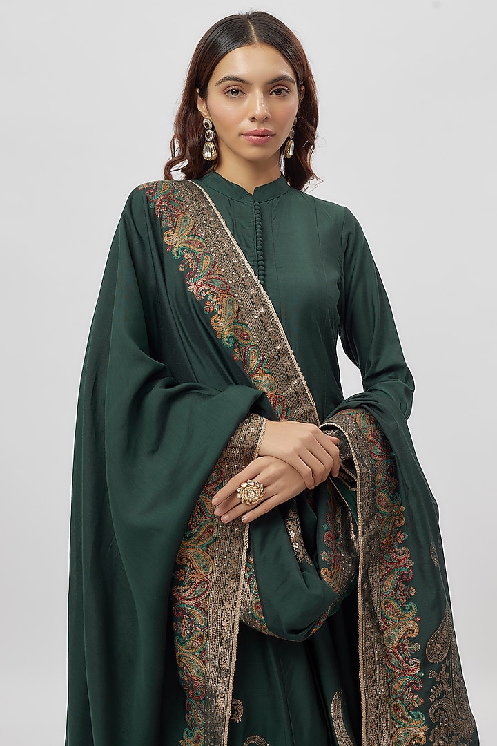 Green Vegan Silk Zari Work Wedding Anarkali Set by Safaa at Pernia's Pop Up Shop