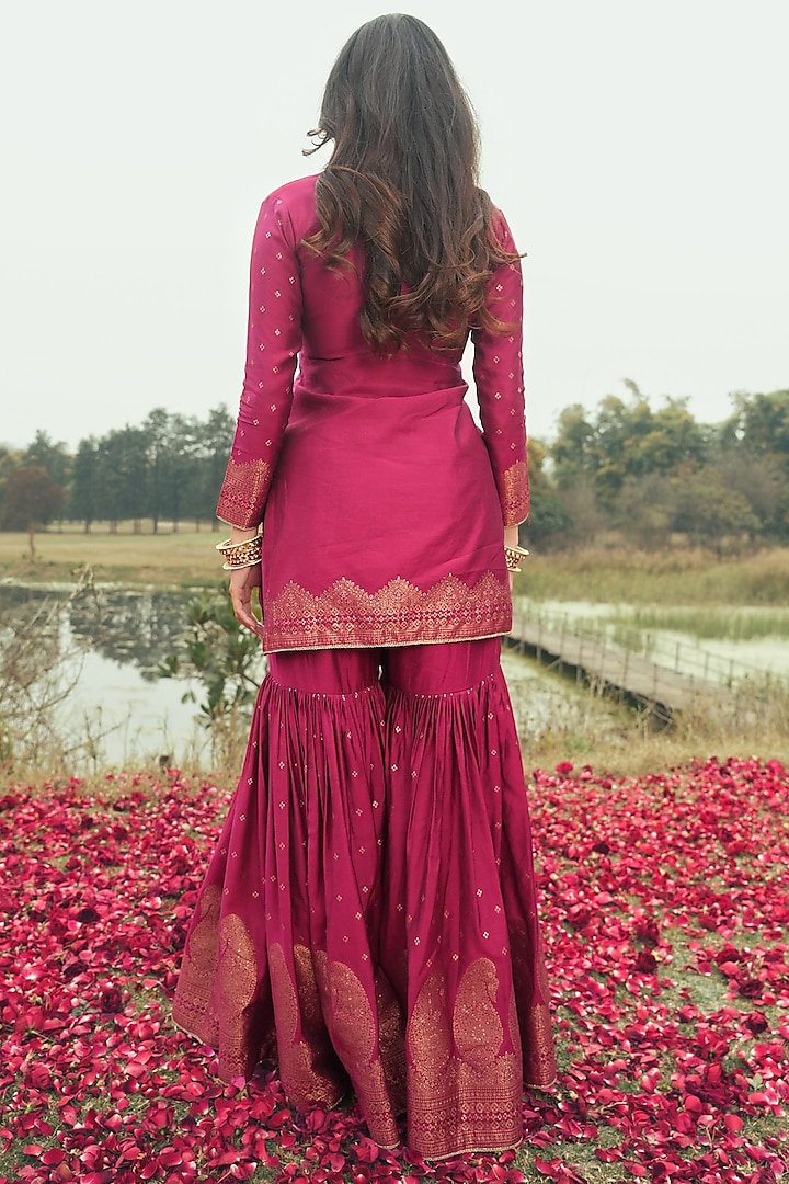 Magenta Vegan Silk Wedding Sharara Set by Safaa at Pernia's Pop Up Shop