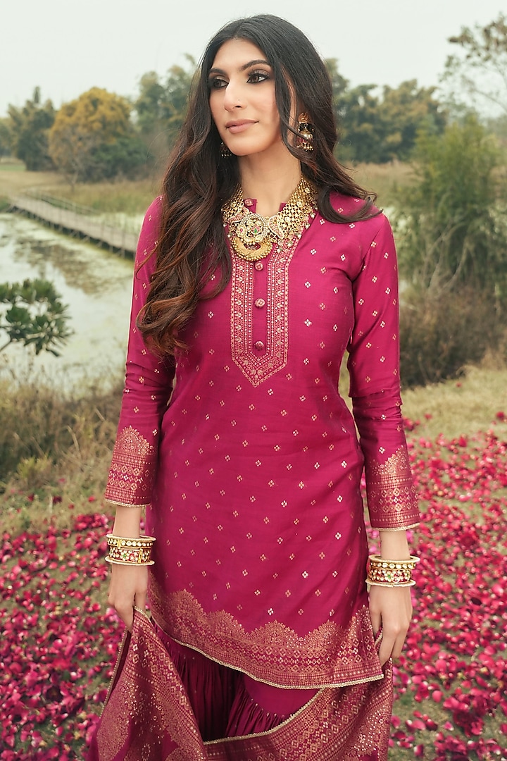 Magenta Vegan Silk Wedding Sharara Set by Safaa at Pernia's Pop Up Shop