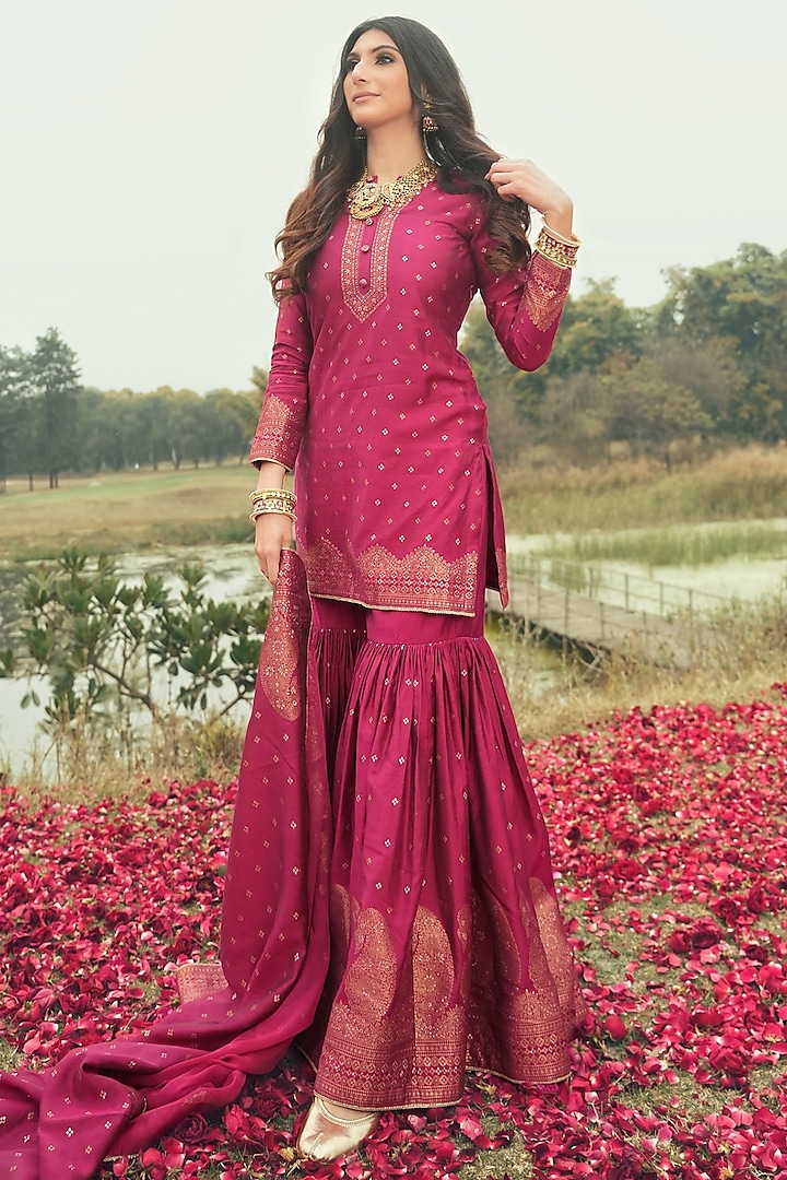 Magenta Vegan Silk Wedding Sharara Set by Safaa at Pernia's Pop Up Shop