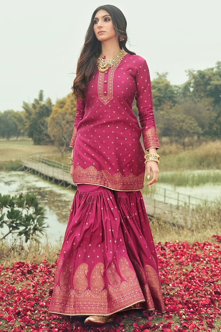 Magenta Vegan Silk Wedding Sharara Set by Safaa at Pernia's Pop Up Shop