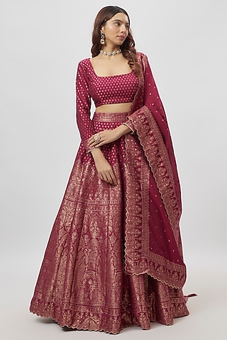 Red Vegan Silk Zari Work Lehenga Set by Safaa