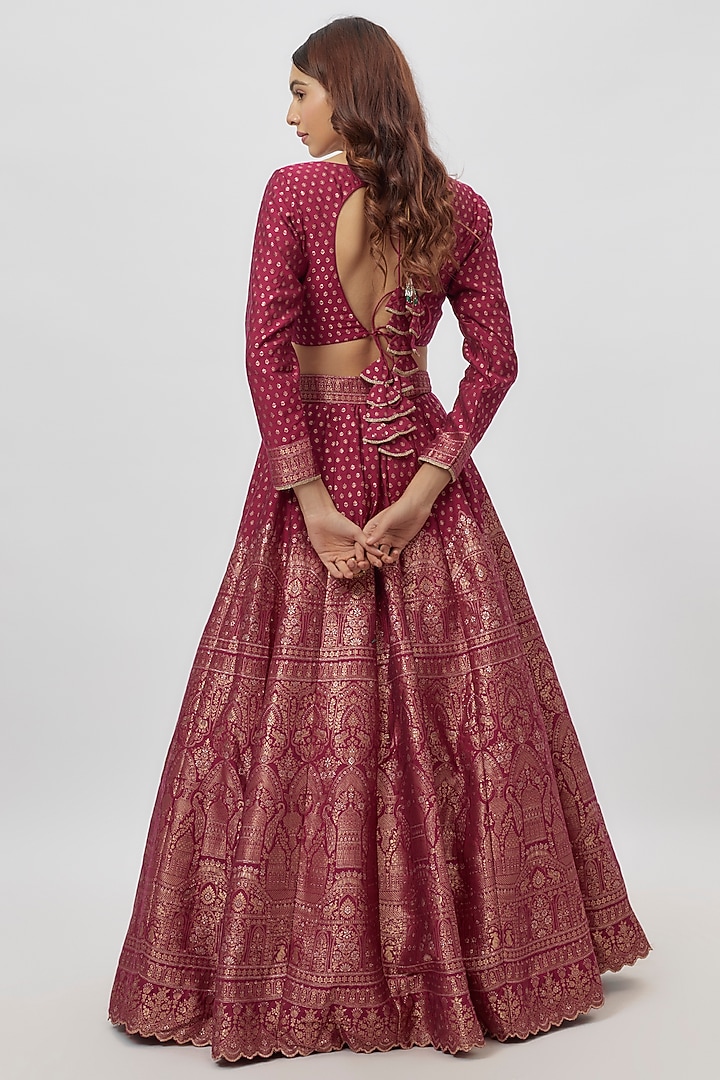 Red Vegan Silk Zari Work Wedding Lehenga Set by Safaa at Pernia's Pop Up Shop