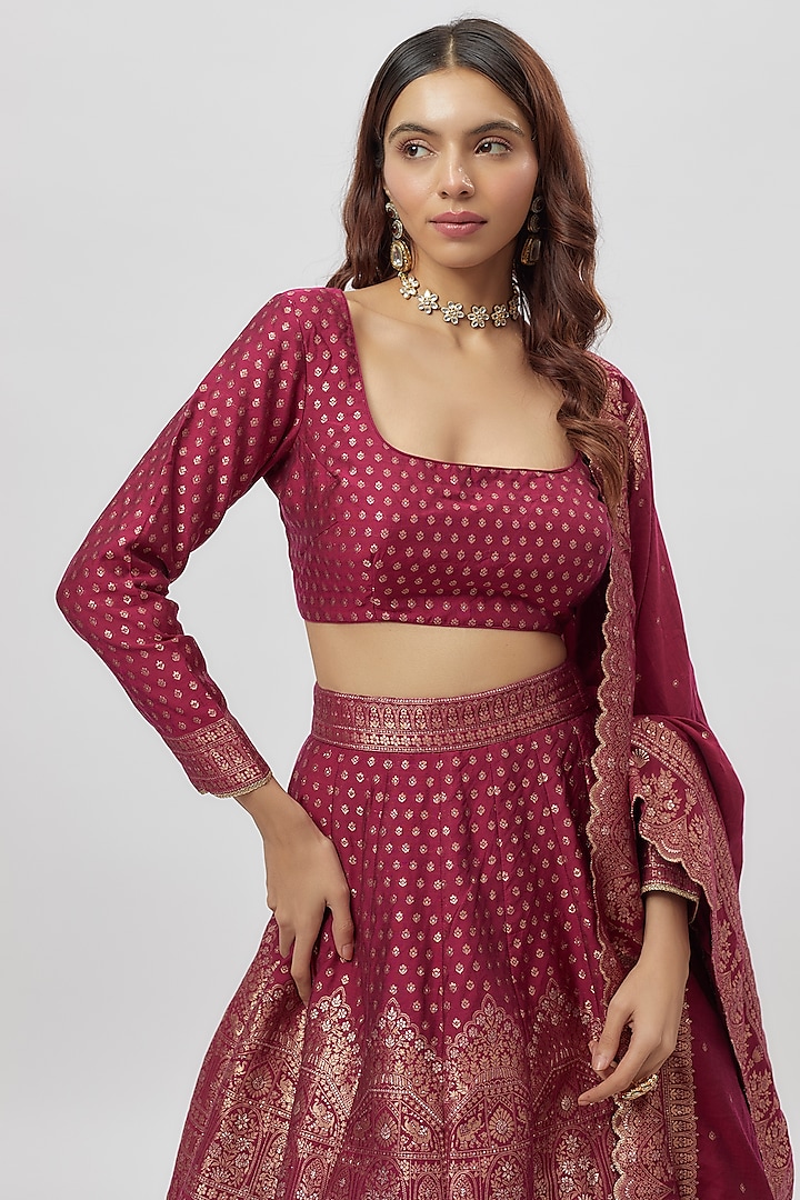 Red Vegan Silk Zari Work Wedding Lehenga Set by Safaa at Pernia's Pop Up Shop