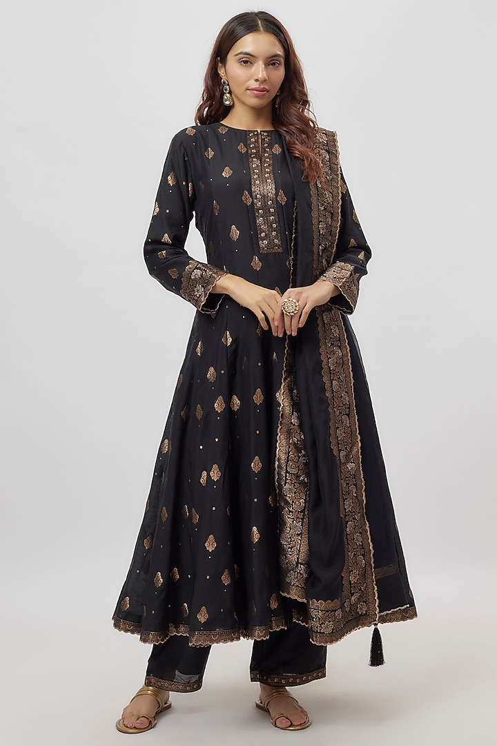 Black Vegan Silk Zari Work Anarkali Set by Safaa at Pernia's Pop Up Shop