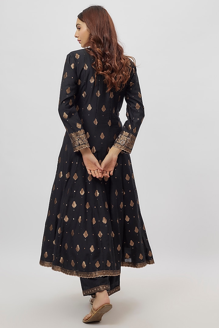 Black Vegan Silk Zari Work Wedding Anarkali Set by Safaa at Pernia's Pop Up Shop