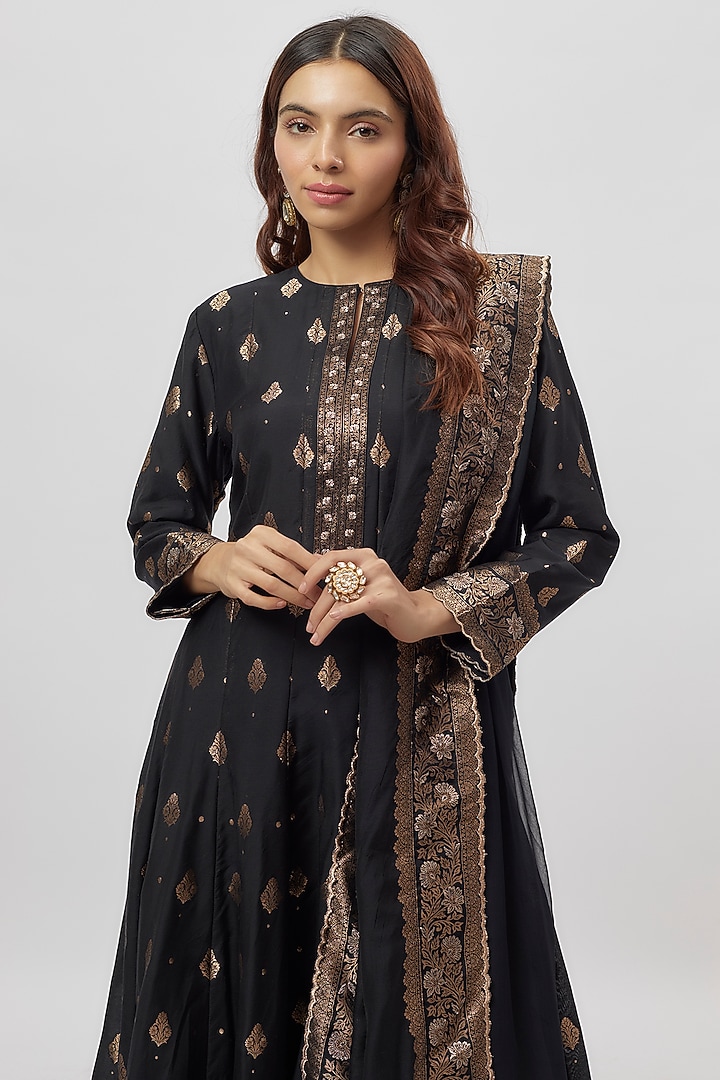 Black Vegan Silk Zari Work Wedding Anarkali Set by Safaa at Pernia's Pop Up Shop