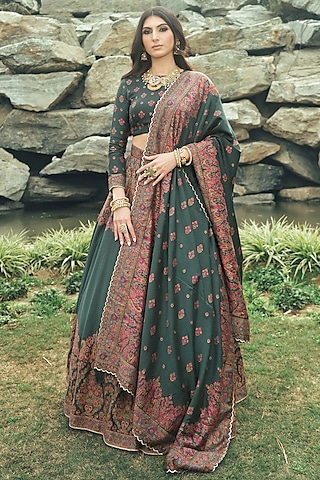 Bottle Green Vegan Silk Lehenga Set by Safaa