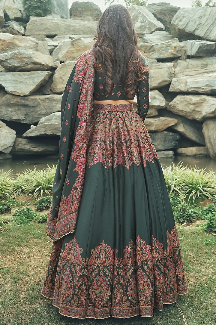 Bottle Green Vegan Silk Wedding Lehenga Set by Safaa at Pernia's Pop Up Shop