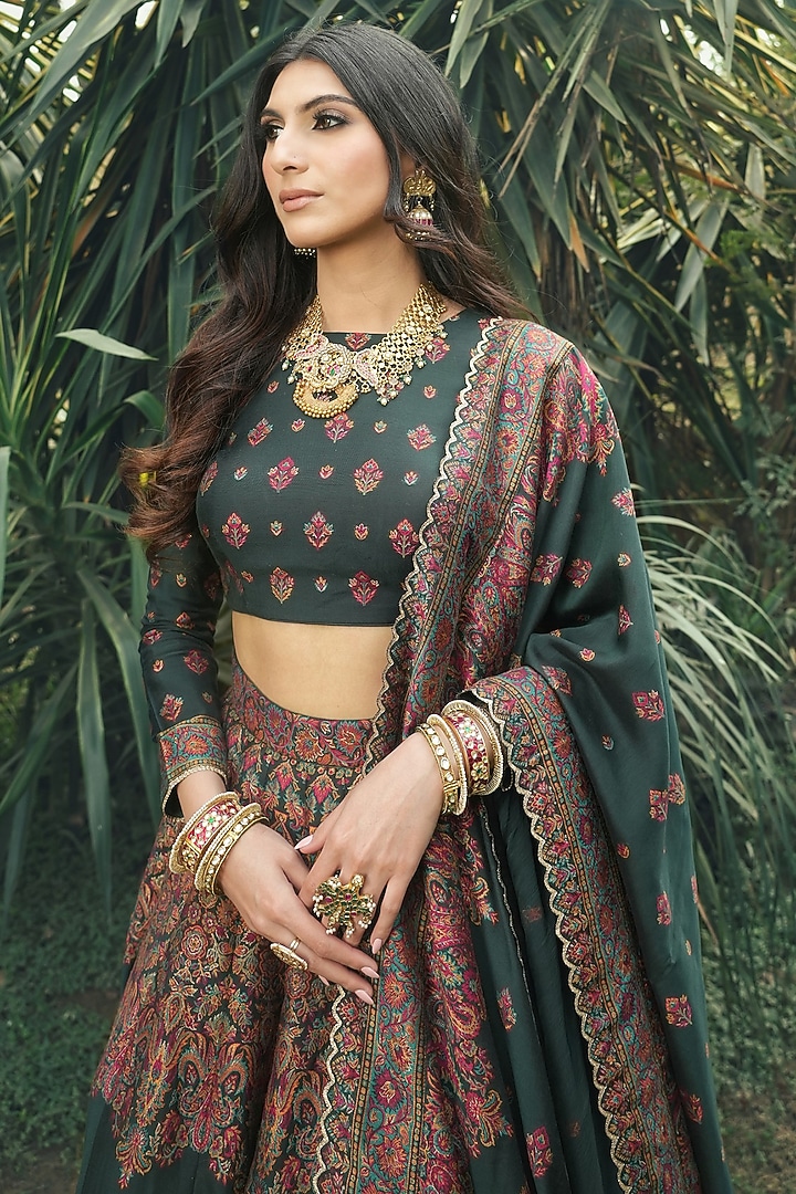 Bottle Green Vegan Silk Wedding Lehenga Set by Safaa at Pernia's Pop Up Shop