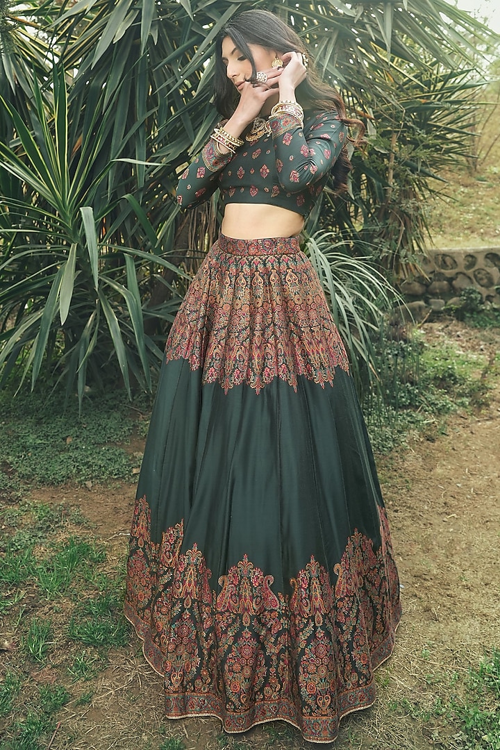 Bottle Green Vegan Silk Wedding Lehenga Set by Safaa at Pernia's Pop Up Shop