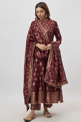 Wine Vegan Silk Zari Work Anarkali Set by Safaa