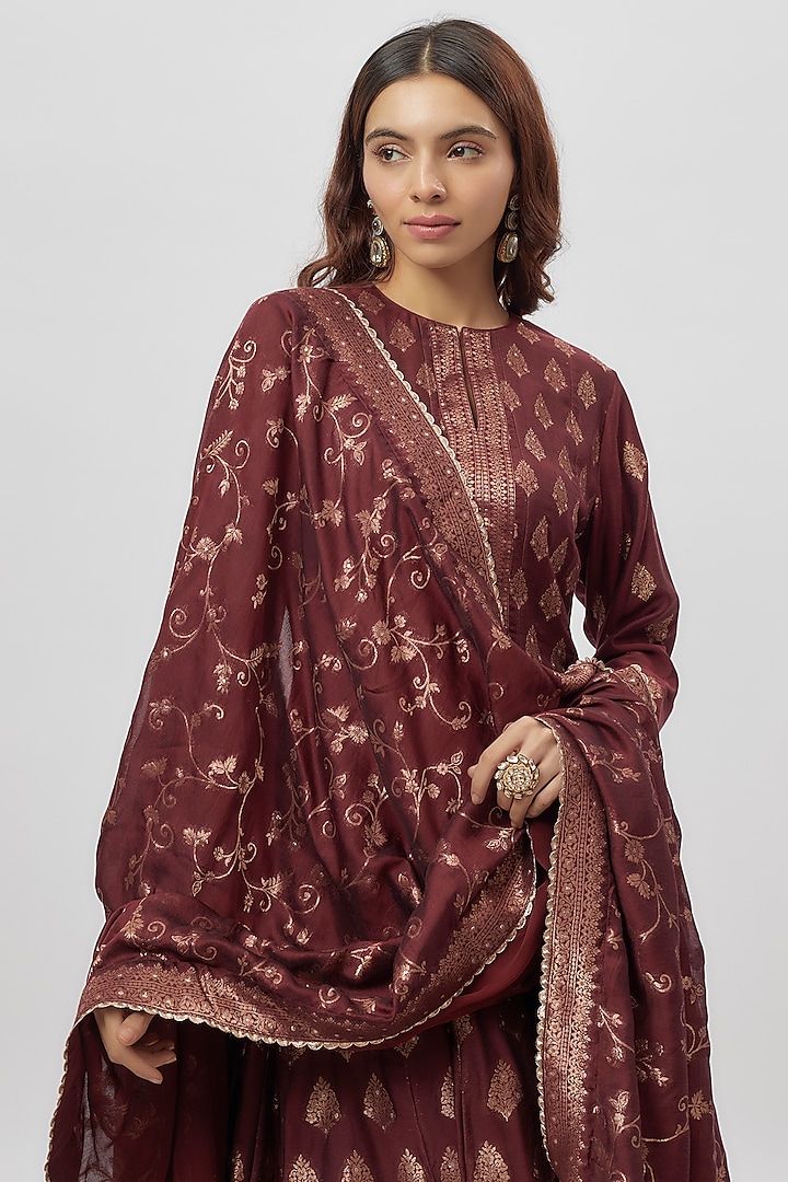 Wine Vegan Silk Zari Work Wedding Anarkali Set by Safaa at Pernia's Pop Up Shop