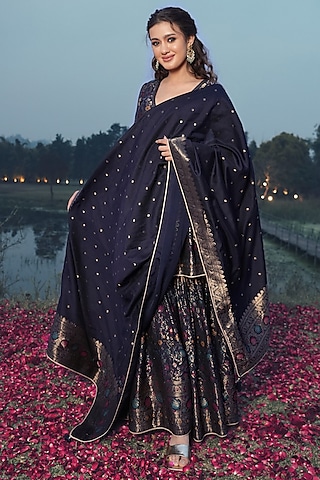 Navy Blue Vegan Silk Banarasi Woven Sharara Set by Safaa
