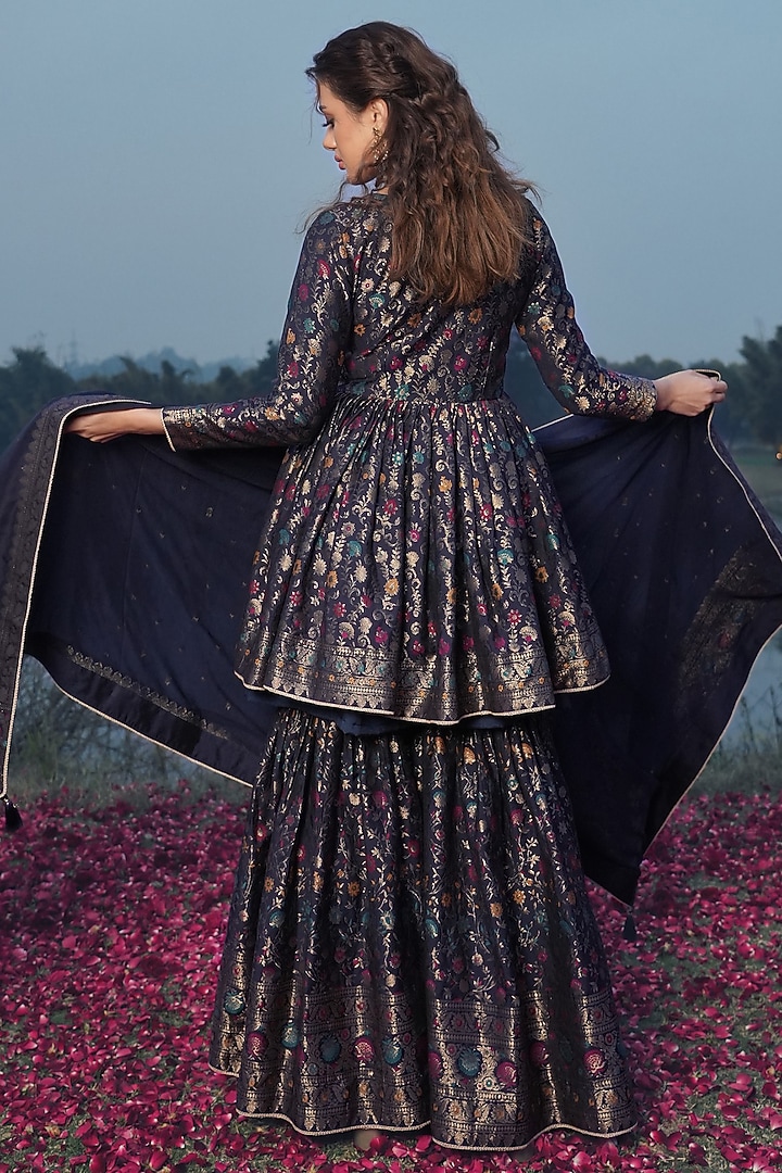 Navy Blue Vegan Silk Banarasi Woven Wedding Sharara Set by Safaa at Pernia's Pop Up Shop