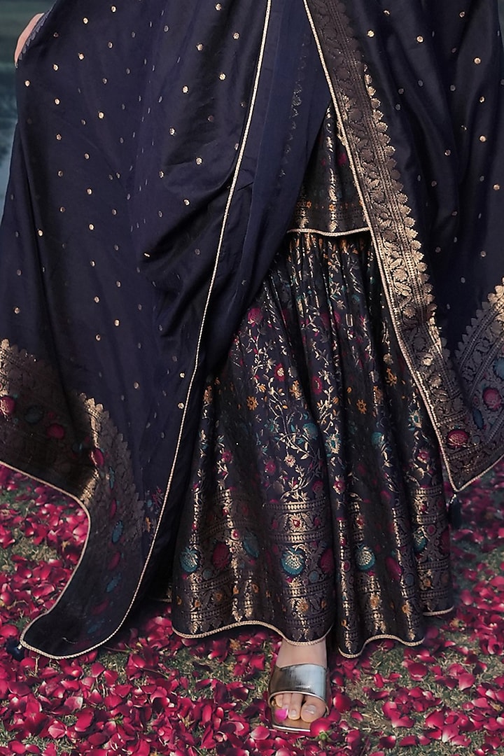 Navy Blue Vegan Silk Banarasi Woven Wedding Sharara Set by Safaa at Pernia's Pop Up Shop