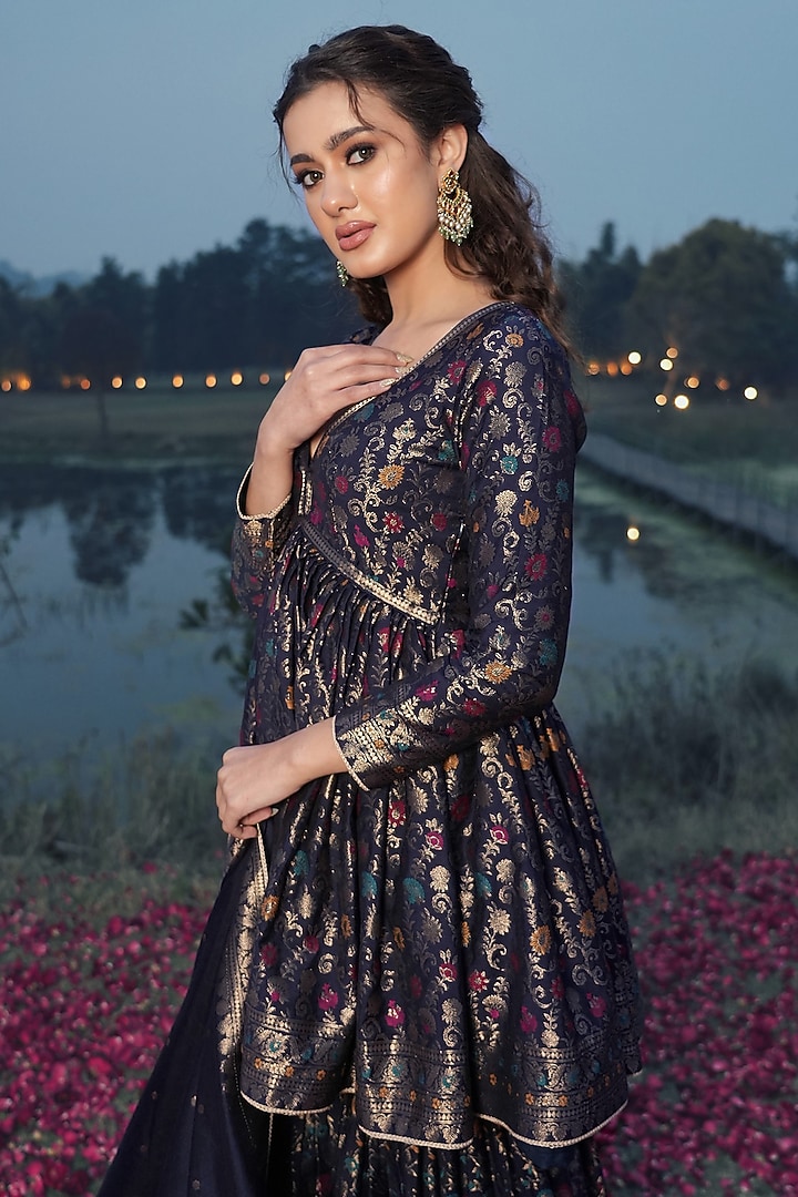 Navy Blue Vegan Silk Banarasi Woven Wedding Sharara Set by Safaa at Pernia's Pop Up Shop