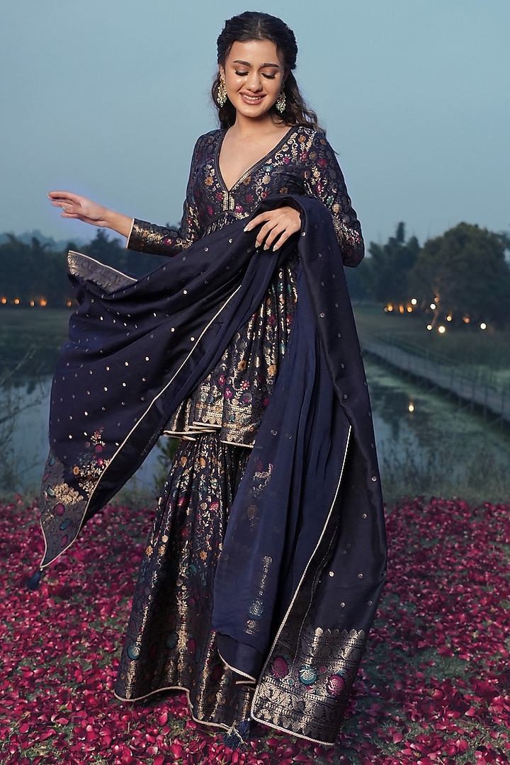 Navy Blue Vegan Silk Banarasi Woven Wedding Sharara Set by Safaa at Pernia's Pop Up Shop