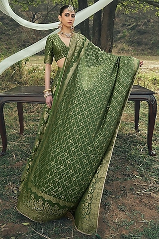 Forest Green Vegan Silk Floral Printed Lehenga Set by Safaa