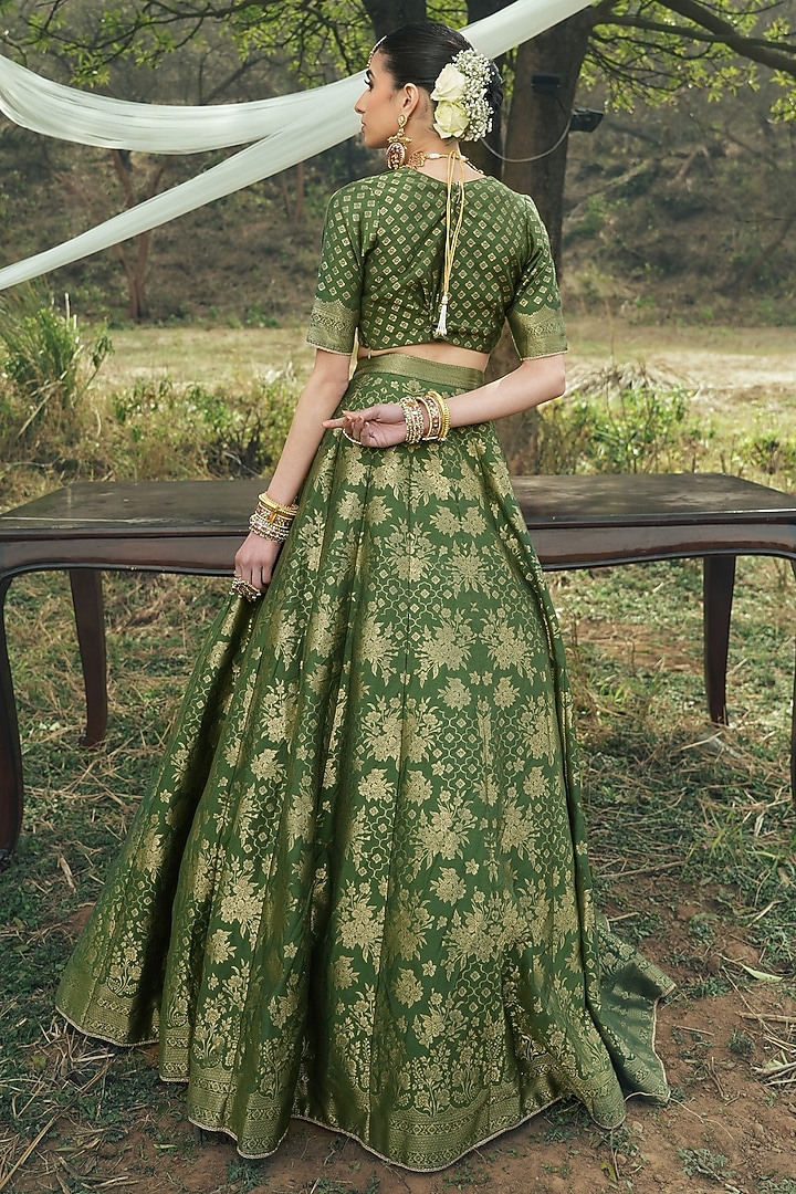 Forest Green Vegan Silk Floral Printed Wedding Lehenga Set by Safaa at Pernia's Pop Up Shop