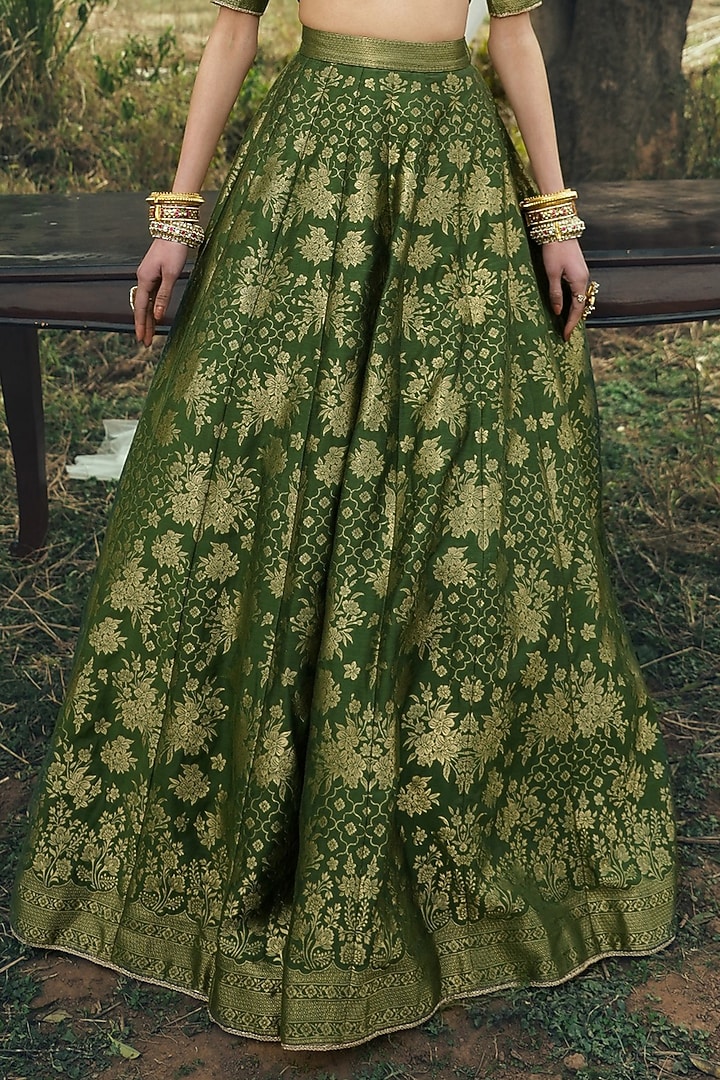 Forest Green Vegan Silk Floral Printed Wedding Lehenga Set by Safaa at Pernia's Pop Up Shop