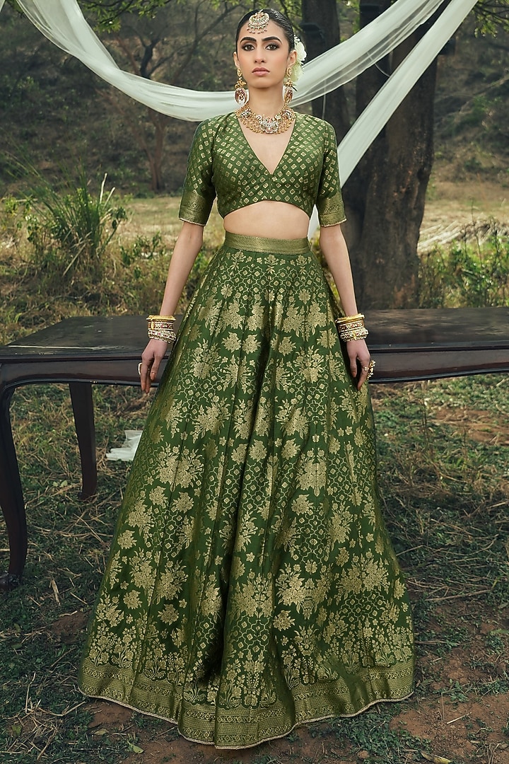 Forest Green Vegan Silk Floral Printed Wedding Lehenga Set by Safaa at Pernia's Pop Up Shop