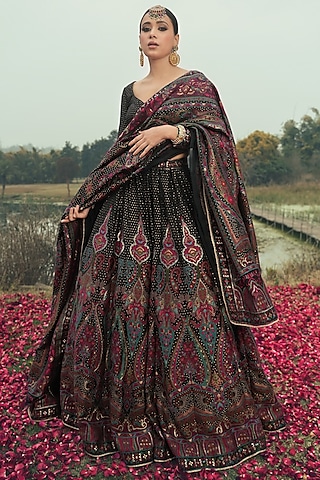 Black Vegan Silk Lehenga Set by Safaa