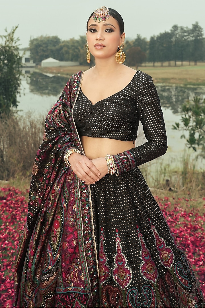 Black Vegan Silk Wedding Lehenga Set by Safaa at Pernia's Pop Up Shop