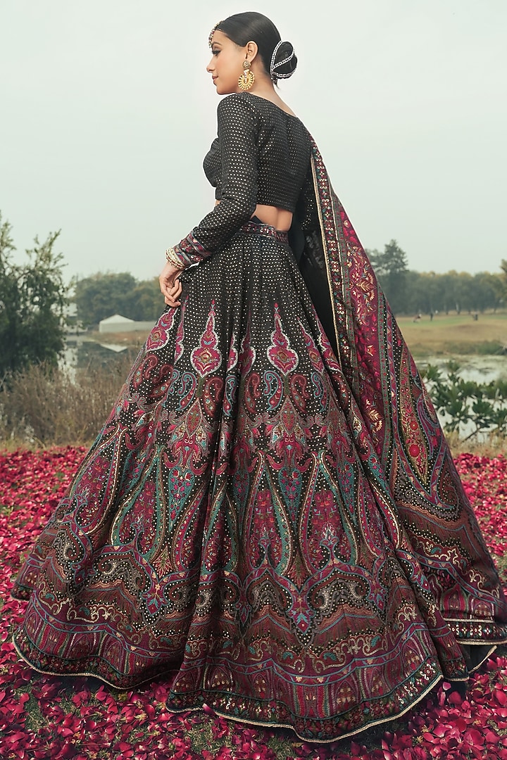 Black Vegan Silk Wedding Lehenga Set by Safaa at Pernia's Pop Up Shop