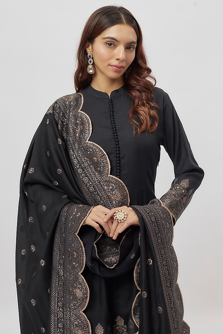 Black Vegan Silk Zari Work Wedding Anarkali Set by Safaa at Pernia's Pop Up Shop