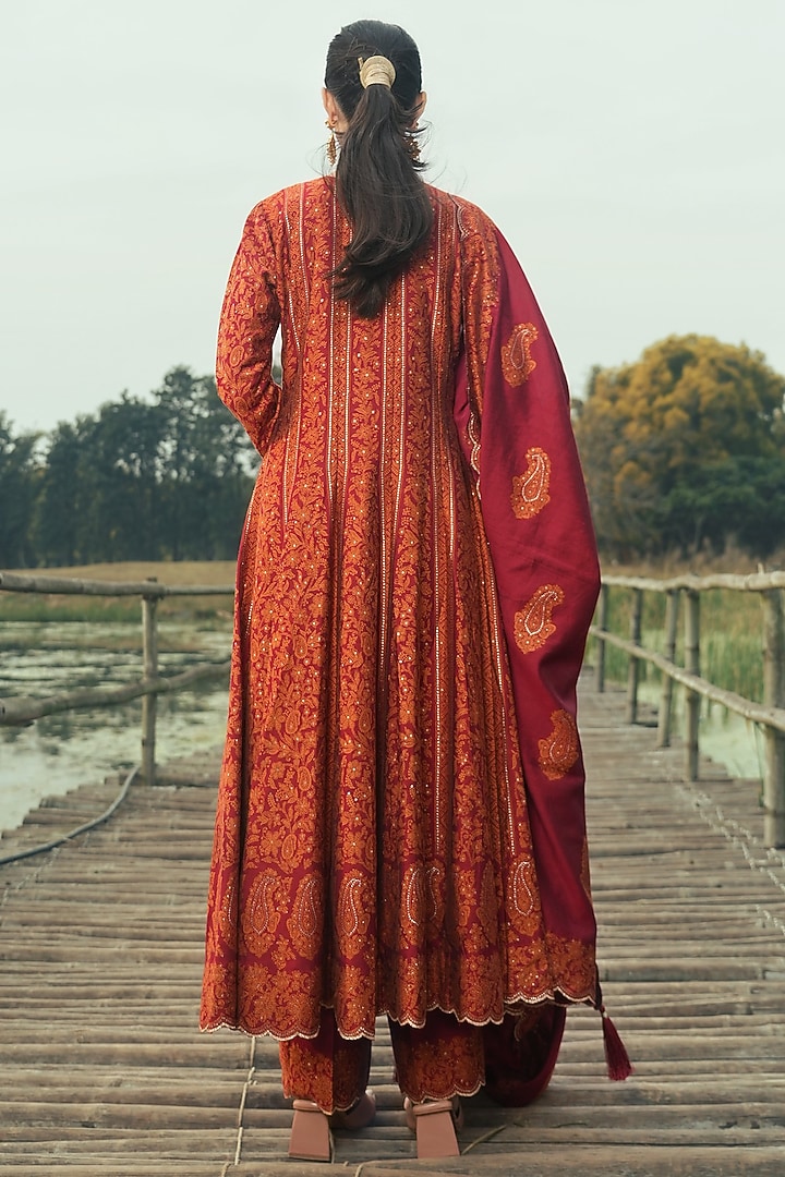 Red Vegan Silk Thread Work Wedding Anarkali Set by Safaa at Pernia's Pop Up Shop