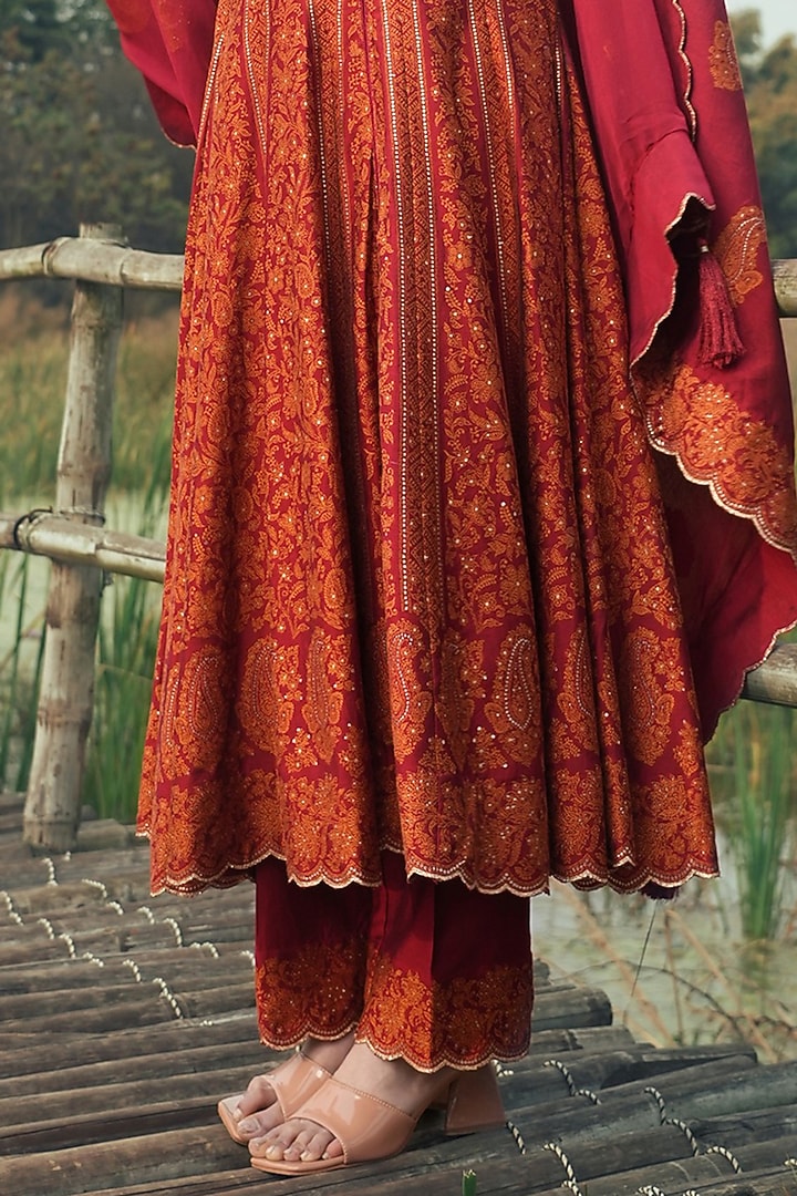 Red Vegan Silk Thread Work Wedding Anarkali Set by Safaa at Pernia's Pop Up Shop