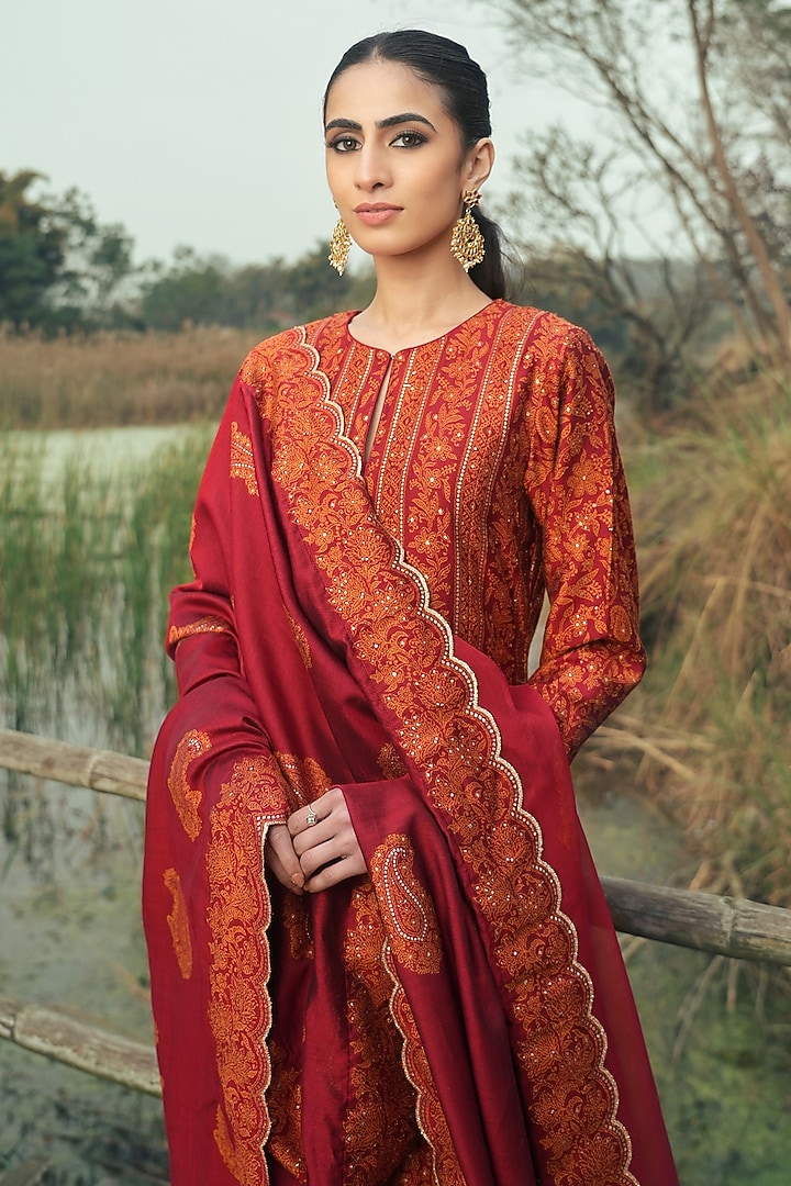 Red Vegan Silk Thread Work Wedding Anarkali Set by Safaa at Pernia's Pop Up Shop
