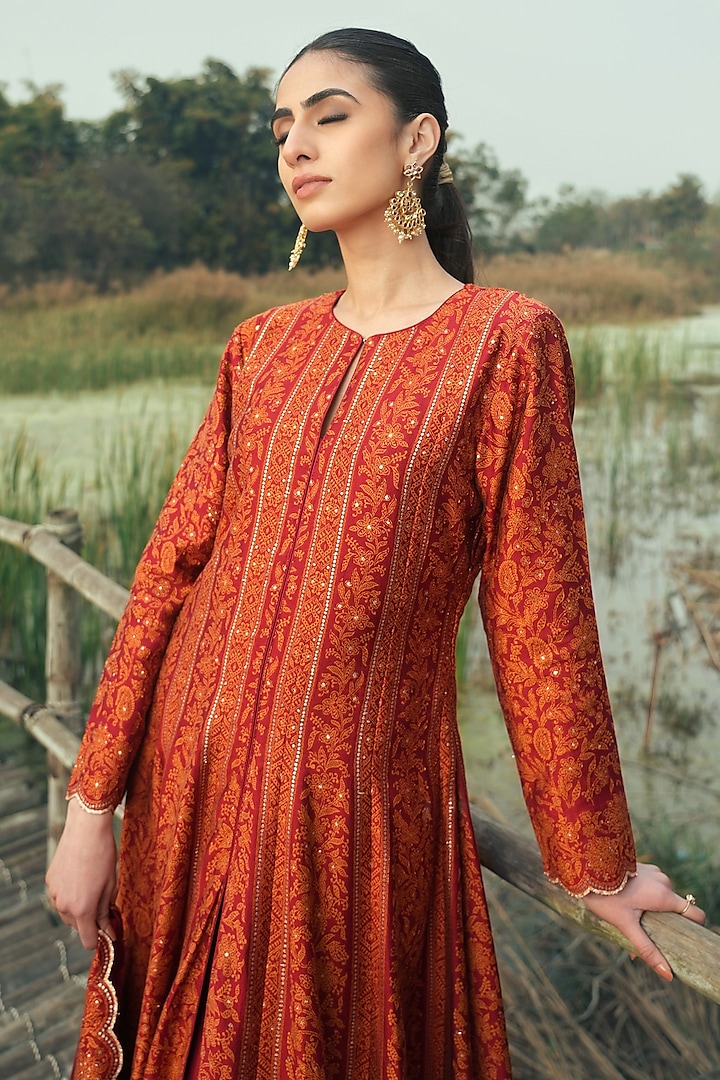 Red Vegan Silk Thread Work Wedding Anarkali Set by Safaa at Pernia's Pop Up Shop
