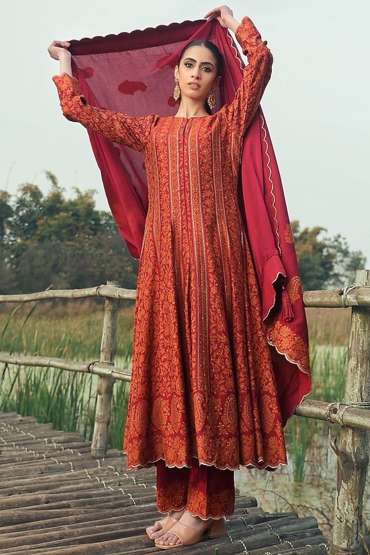 Red Vegan Silk Thread Work Wedding Anarkali Set by Safaa at Pernia's Pop Up Shop
