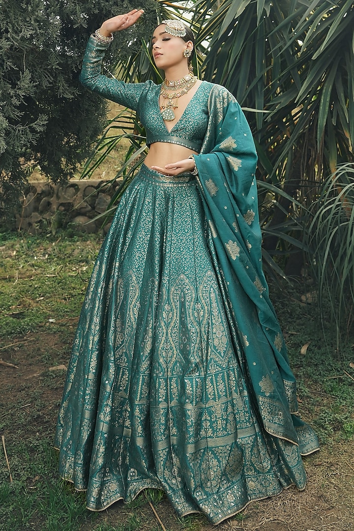 Teal Vegan Silk Wedding Lehenga Set by Safaa at Pernia's Pop Up Shop