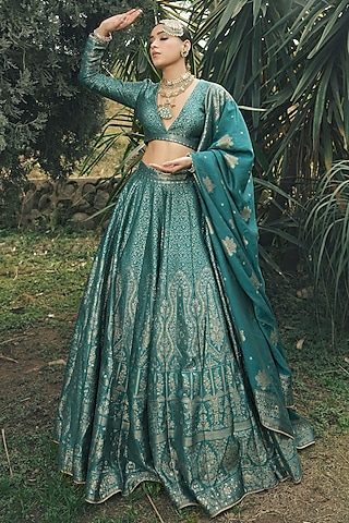 Teal Vegan Silk Lehenga Set by Safaa