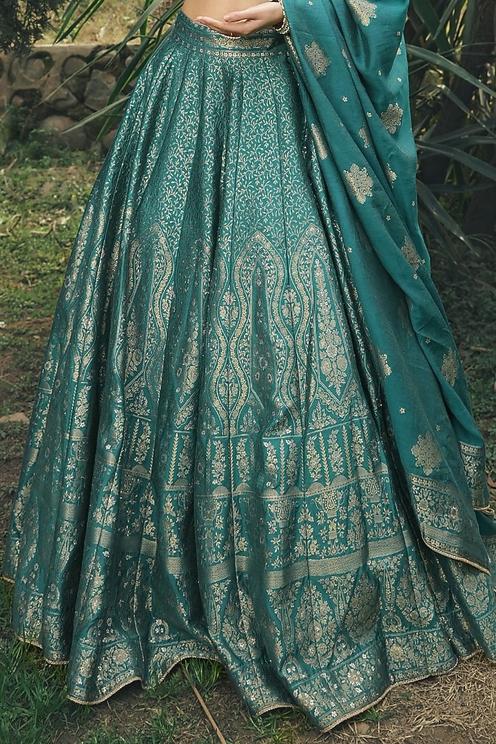 Teal Vegan Silk Wedding Lehenga Set by Safaa at Pernia's Pop Up Shop