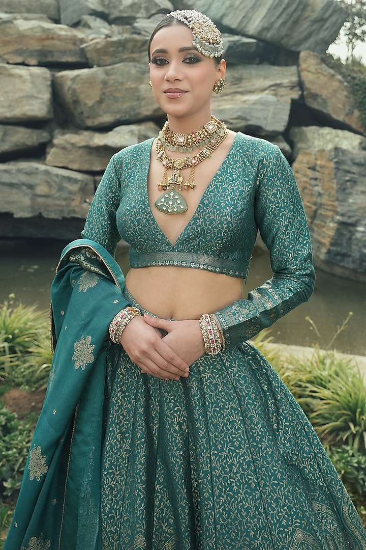 Teal Vegan Silk Wedding Lehenga Set by Safaa at Pernia's Pop Up Shop