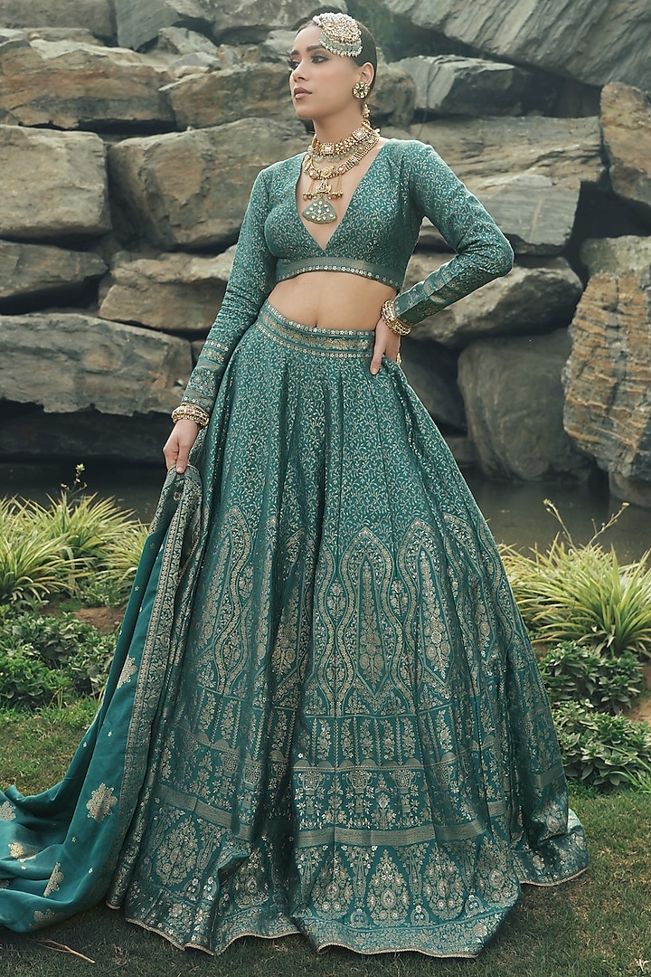 Teal Vegan Silk Wedding Lehenga Set by Safaa at Pernia's Pop Up Shop