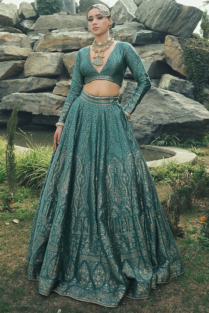 Teal Vegan Silk Wedding Lehenga Set by Safaa at Pernia's Pop Up Shop