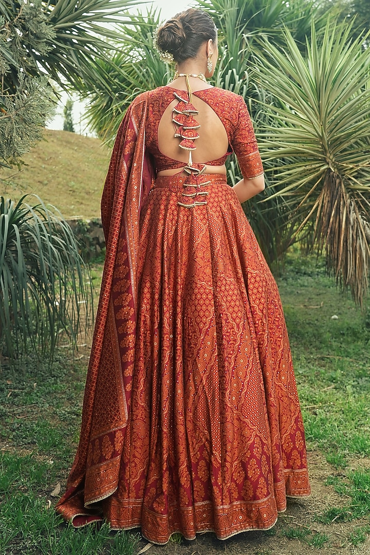 Deep Red Vegan Silk Chikankari Embroidered Wedding Lehenga Set by Safaa at Pernia's Pop Up Shop