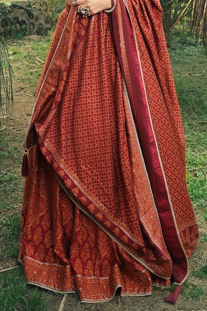 Deep Red Vegan Silk Chikankari Embroidered Wedding Lehenga Set by Safaa at Pernia's Pop Up Shop