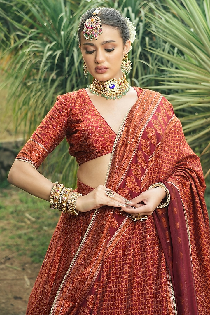 Deep Red Vegan Silk Chikankari Embroidered Wedding Lehenga Set by Safaa at Pernia's Pop Up Shop